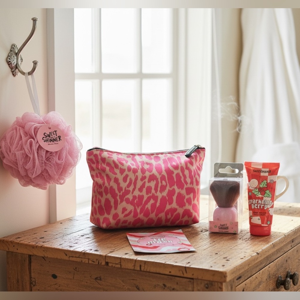 Estée Lauder Pink Leopard Cosmetic Bag w/ Sweet Shimmer Beauty Set